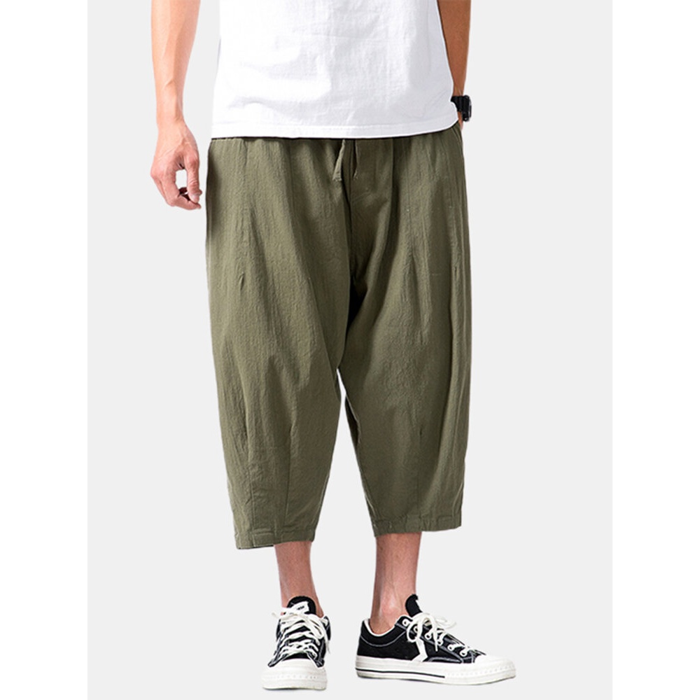 Mens Vintage Solid Color Drawstring Pocket Loose Casual Calf Length Pants - Army Green 4XL