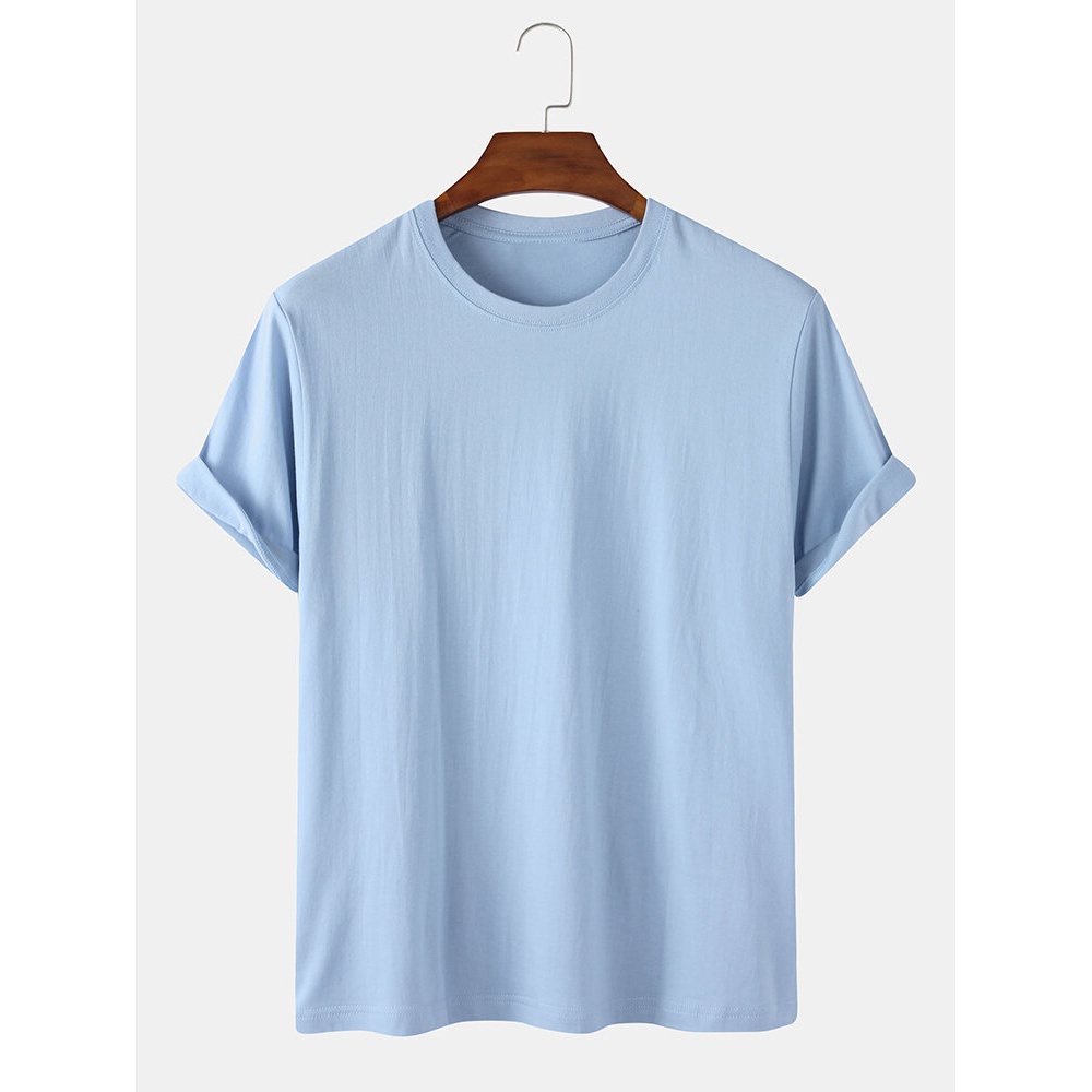 Mens 100% Cotton Solid Color Breathable Round Neck Casual Short Sleeve T-Shirts - Orange S