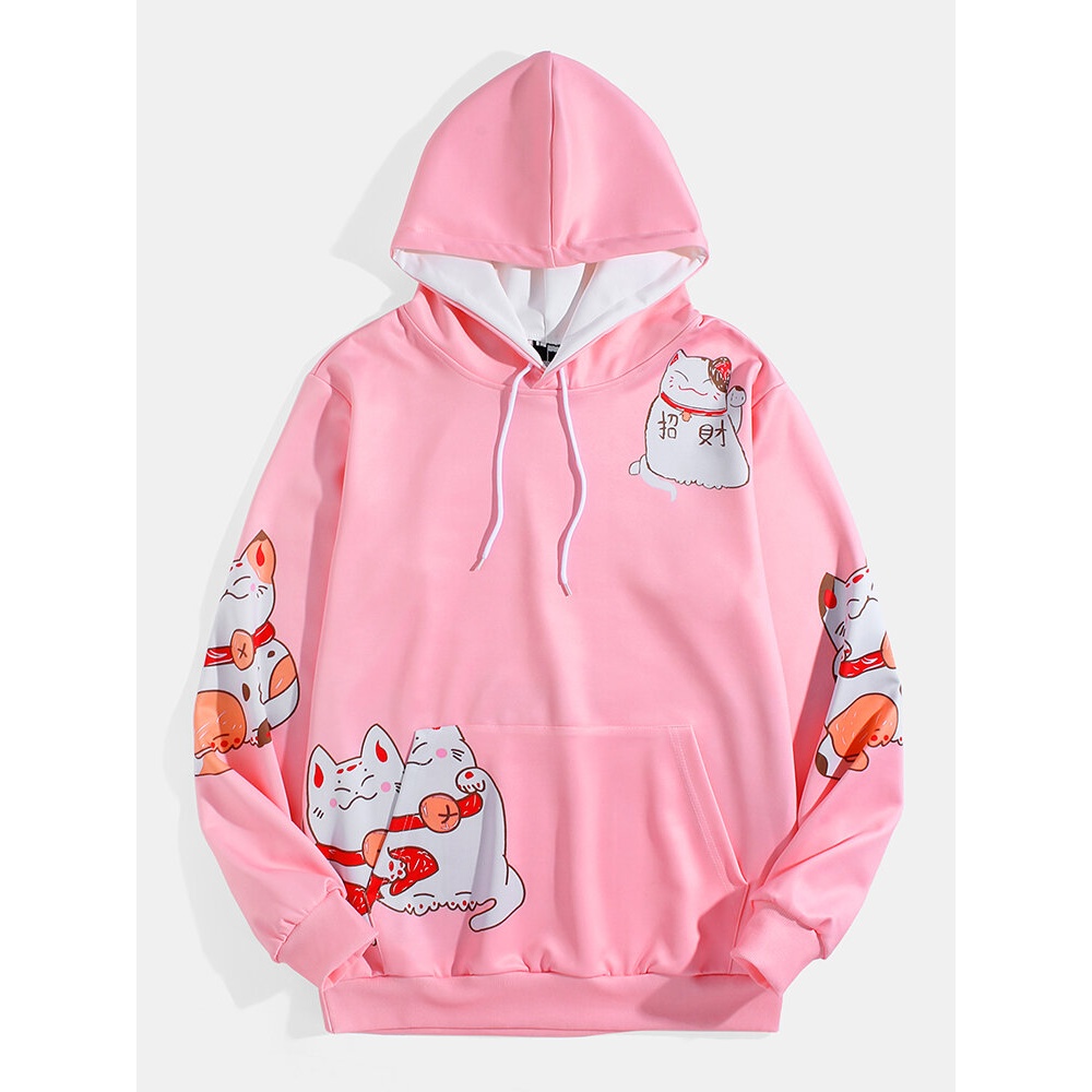 Mens Cute Lucky Cat Print Long Sleeve Kangaroo Pocket Cartoon Drawstring Hoodies - Black S