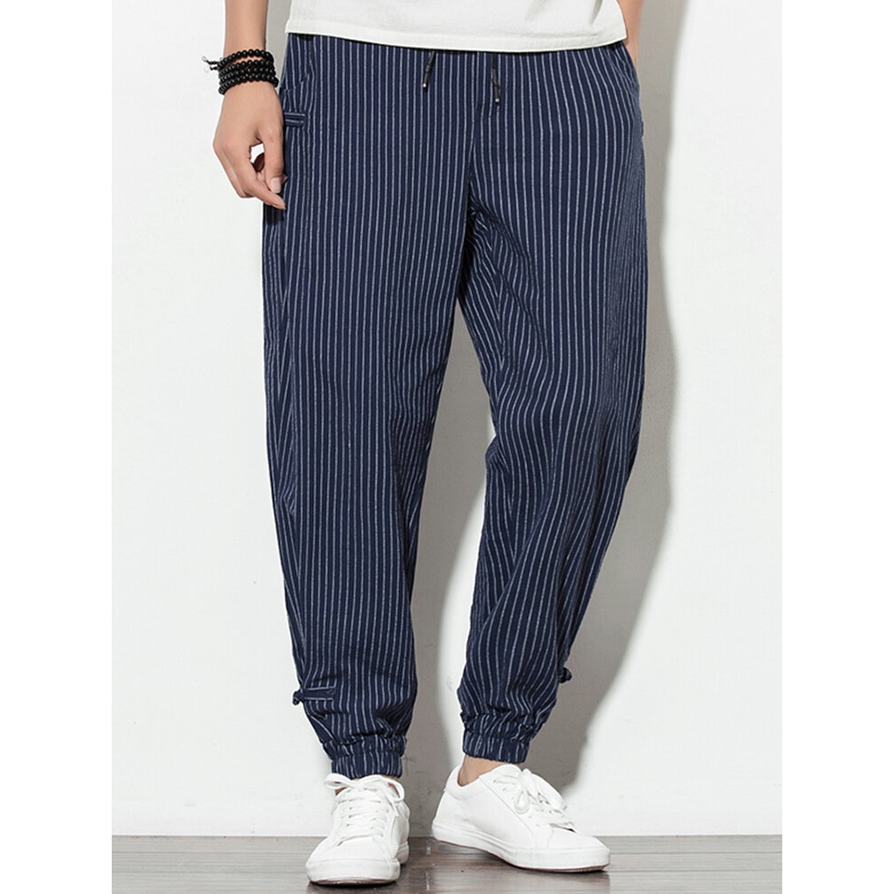 Mens Vintage Stripe 100% Cotton Solid Color Drawstring Casual Pants - Blue M