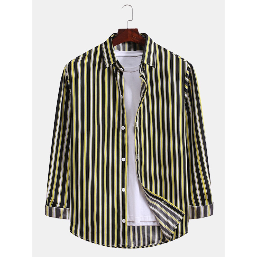 Mens Stripe Print Lapel Curved Hem Vintage Long Sleeve Shirts - S Yellow