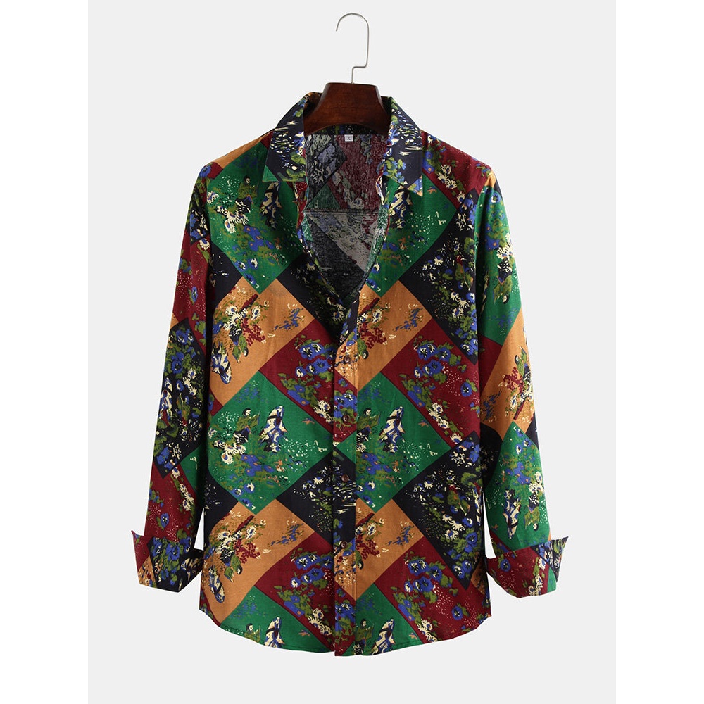 Men Color Block Character Print Long Sleeve Shirts - S Green