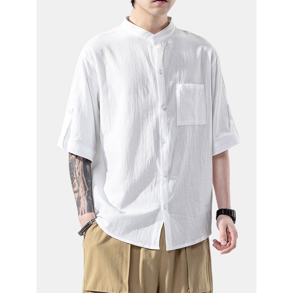 Mens Solid Color Chest Pocket Stand Collar Short Sleeve Breathable Shirts - Black 3XL