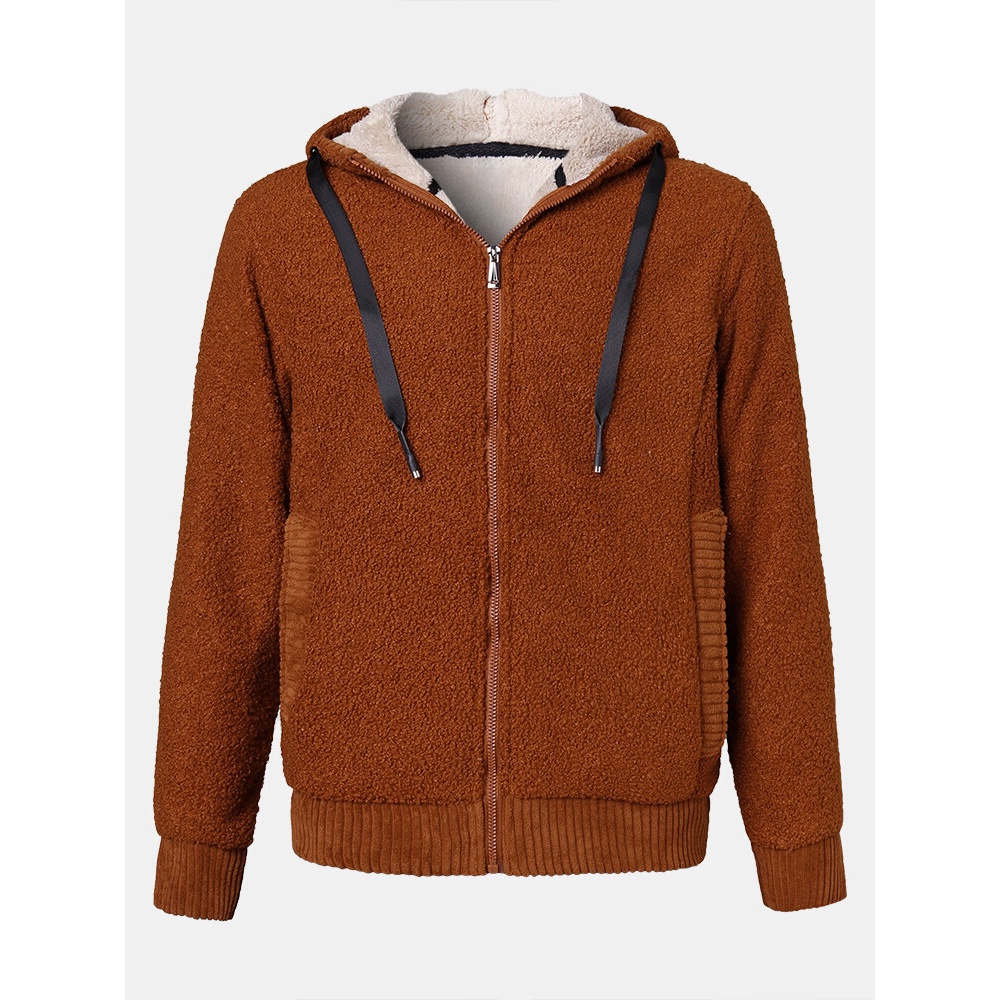 Mens Solid Color Fluffy Thick Warm Lamb Wool Lining Hoodie Jacket With Pocket - Khaki M