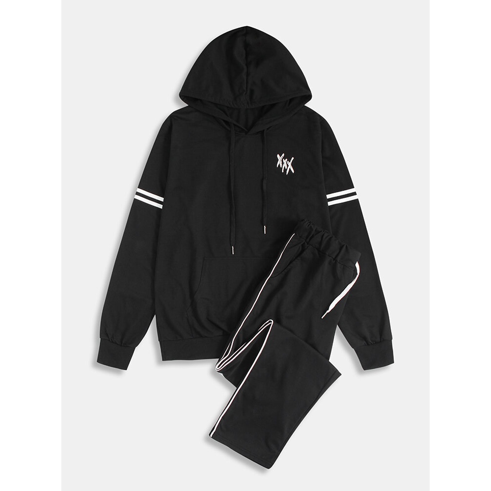 Mens Cotton Casual Loose Two Pieces Long Sleeve Drawstring Hooded Suits - Black L