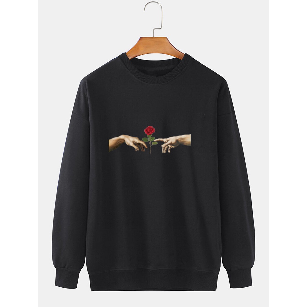 Mens 100% Cotton Hands Rose Pattern Print Solid Color Loose Daily Sweatshirt - Black S