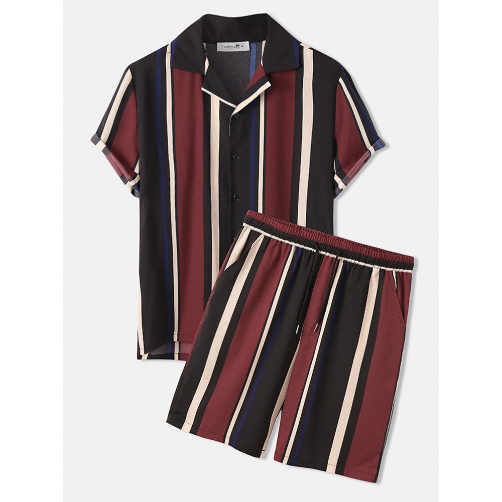 Mens Colorful Striped Revere Collar Drawstring Shorts Casual Two Pieces Outfits - Green S