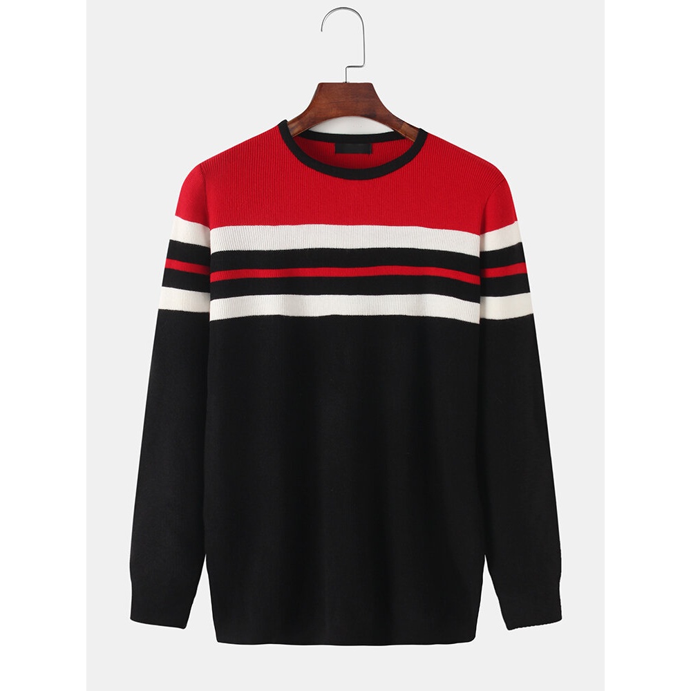 Mens Horizontal Stripe Knit Round Neck Casual Long Sleeve Pullover Sweaters - XS Red