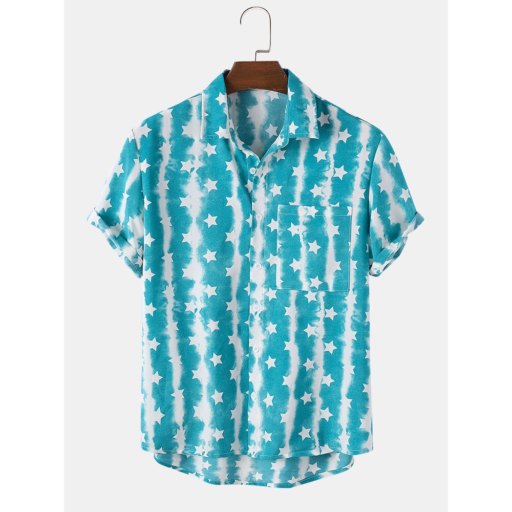 Mens Casual Holiday Five Points Star Short Sleeve Shirts - Coffee XL