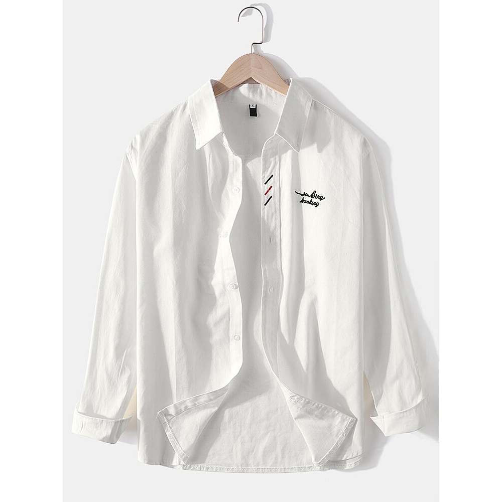 Cotton Solid Color Button Up Lapel Long Sleeve Simple Shirts For Men - Black 2XL