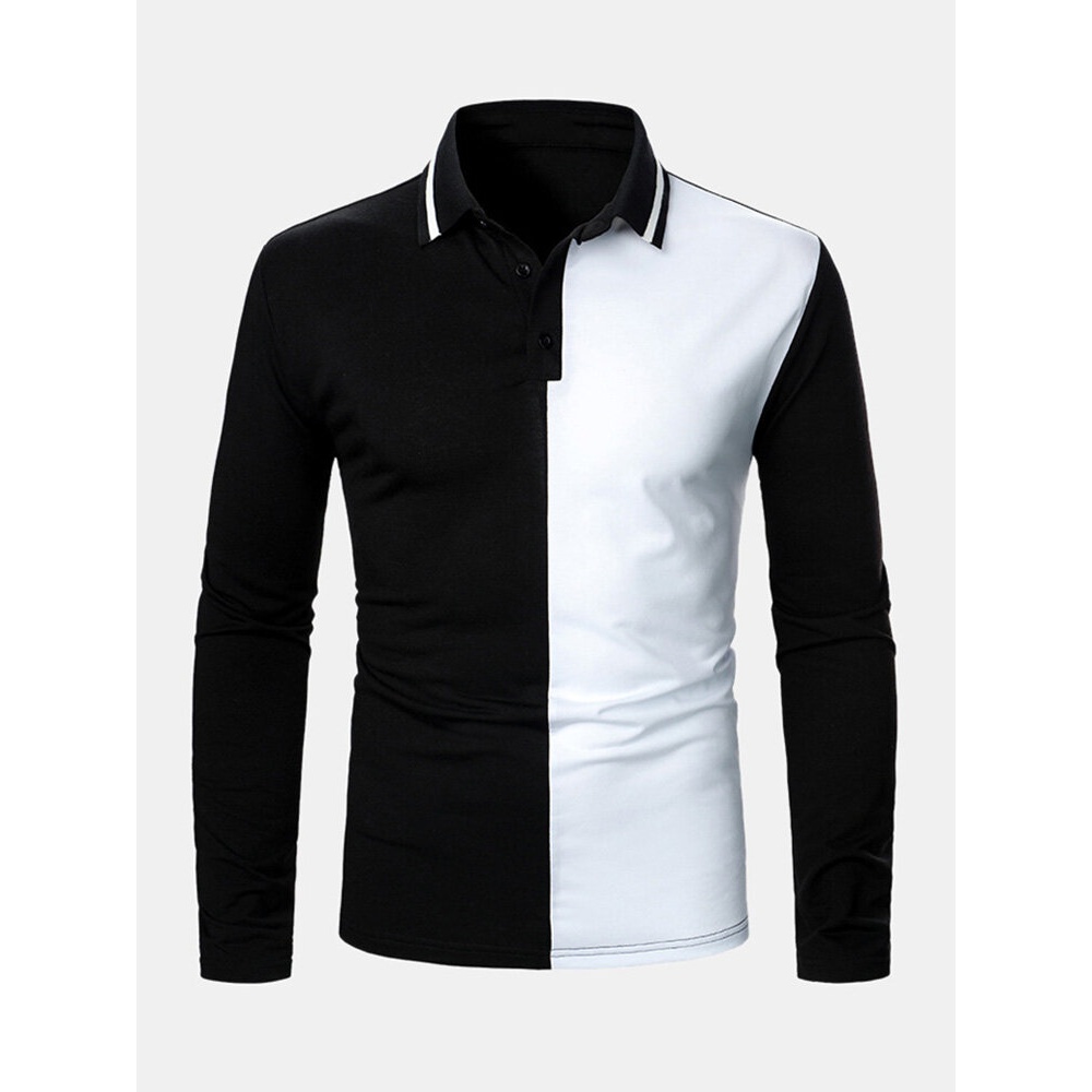 Mens Contrast Color Two Tone Patchwork Lapel Long Sleeve Golf Shirts - Black M
