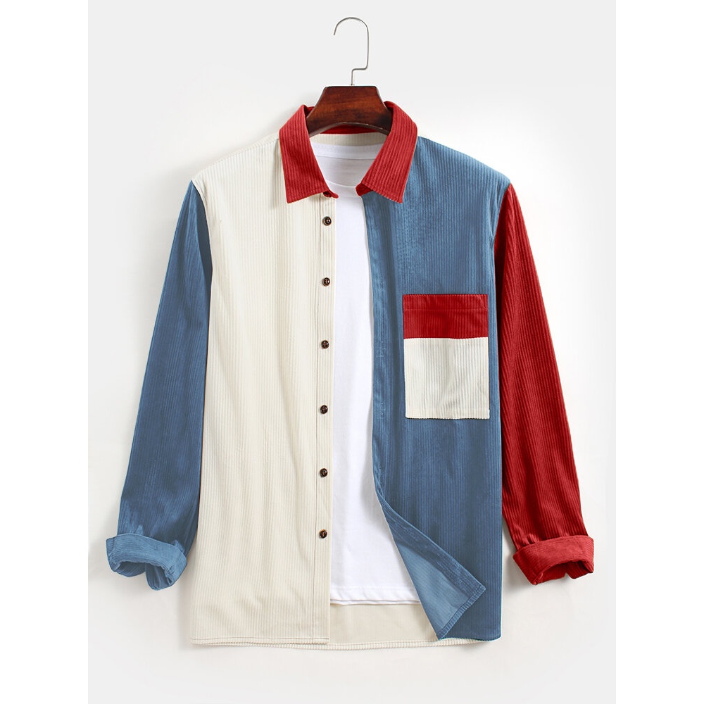 Mens Corduroy Patchwork Chest Pocket Long Sleeve Simple Shirts - Army Green 2XL