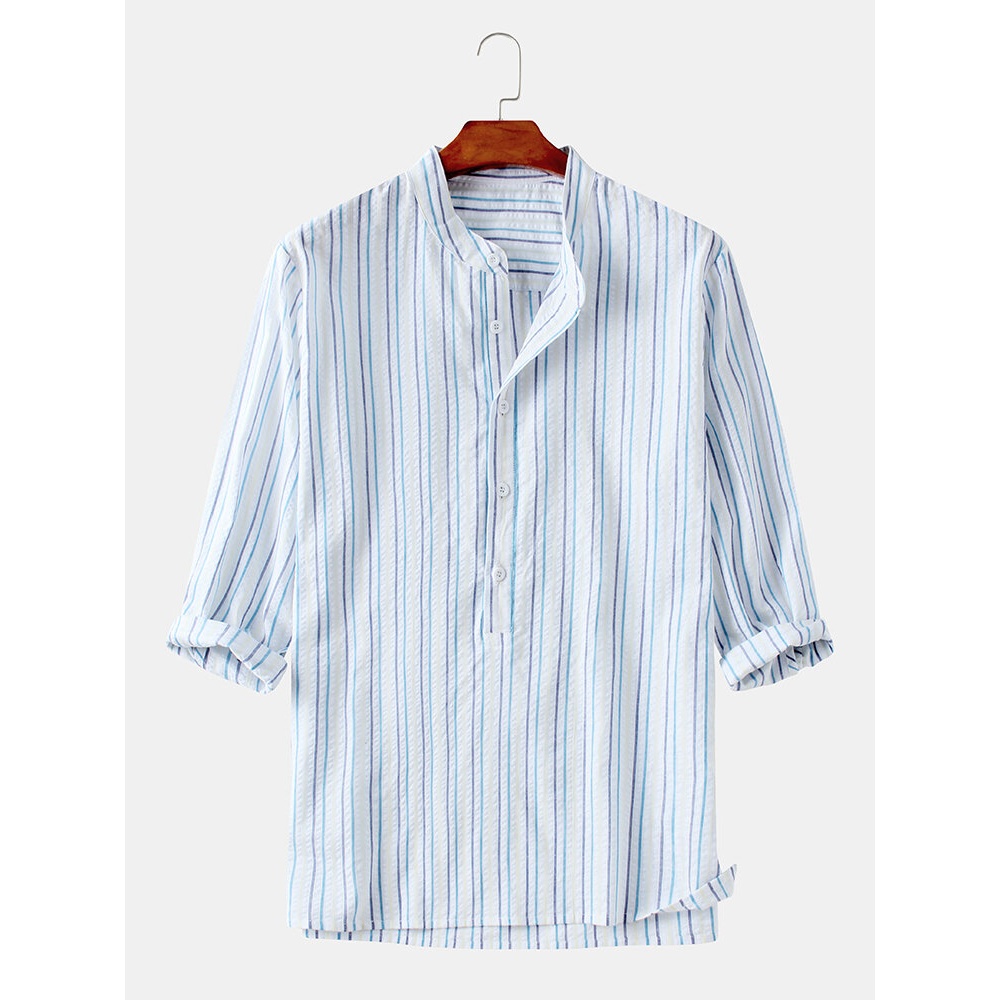 Mens Vintage 100% Cotton Stand Collar Short Sleeve Casual Shirts - Red M