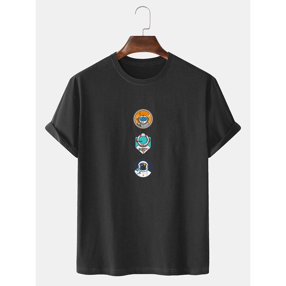 Mens 100% Cotton Cartoon Astronaut Print Round Neck Casual T-Shirts - Black S