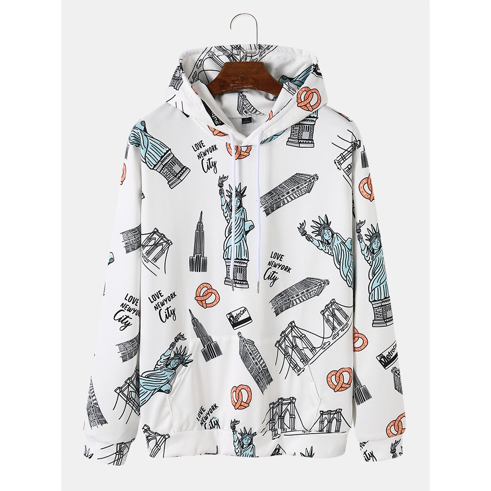 Men Landscape Pattern Long Sleeve Casual Hooded Sweatshirt - White M