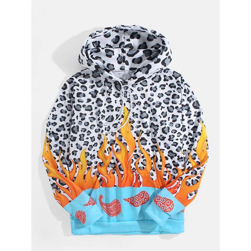 Mens Leopard Flame Print Kangaroo Pocket Design Drawstring Hoodies - L White