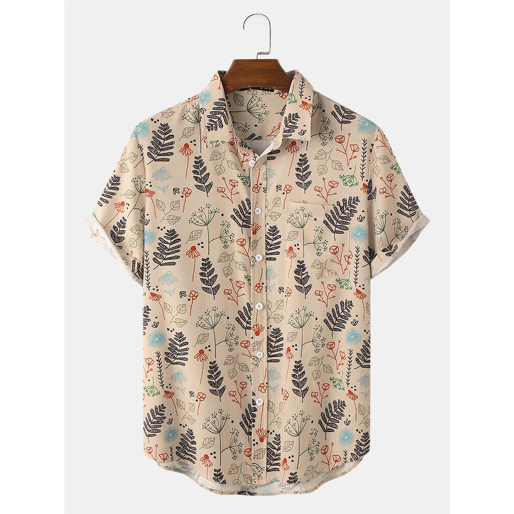 Mens Leaf Print Plant Lapel Short Sleeve Shirts - Apricot XL