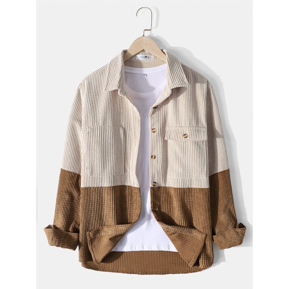 Mens Contrasting Colors Patchwork Button Up Texture Casual Shirts With Pocket - Beige L