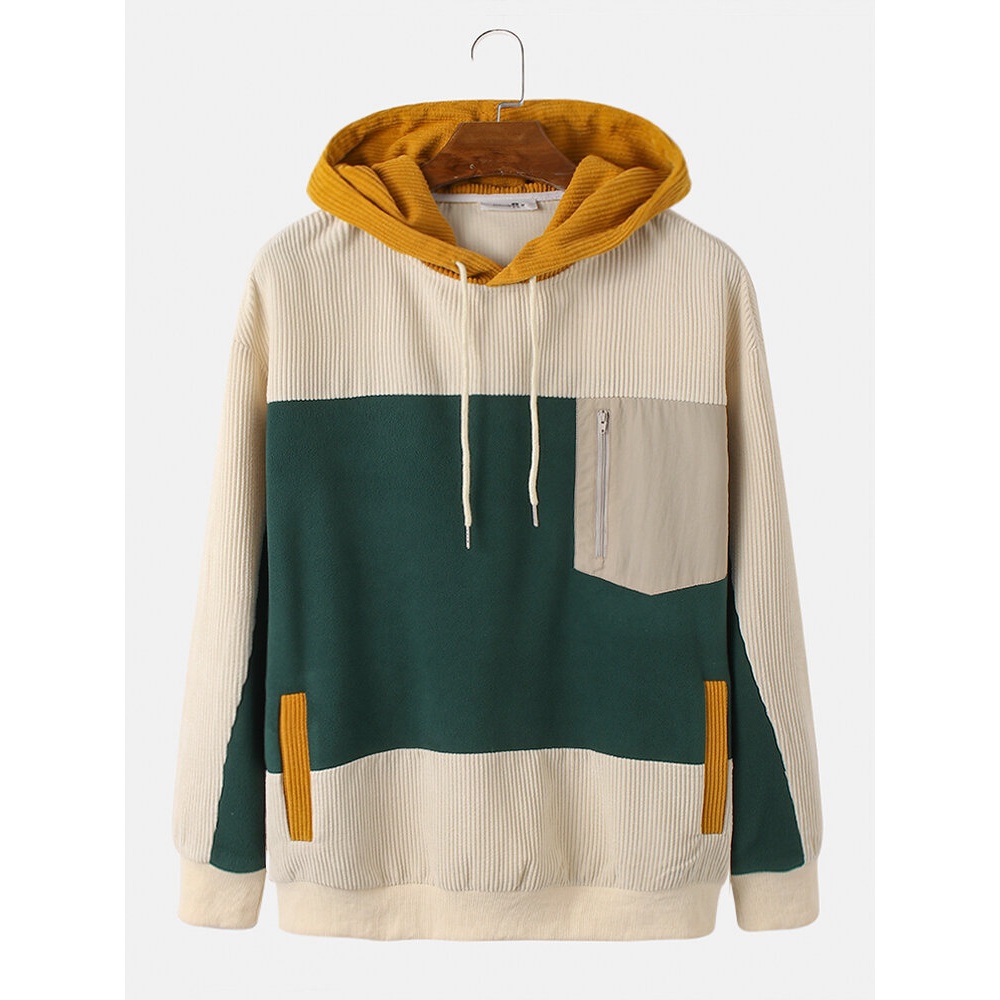 Mens Corduroy Patchwork Vintage Drop Shoulder Pocket Hoodies - Apricot 2XL