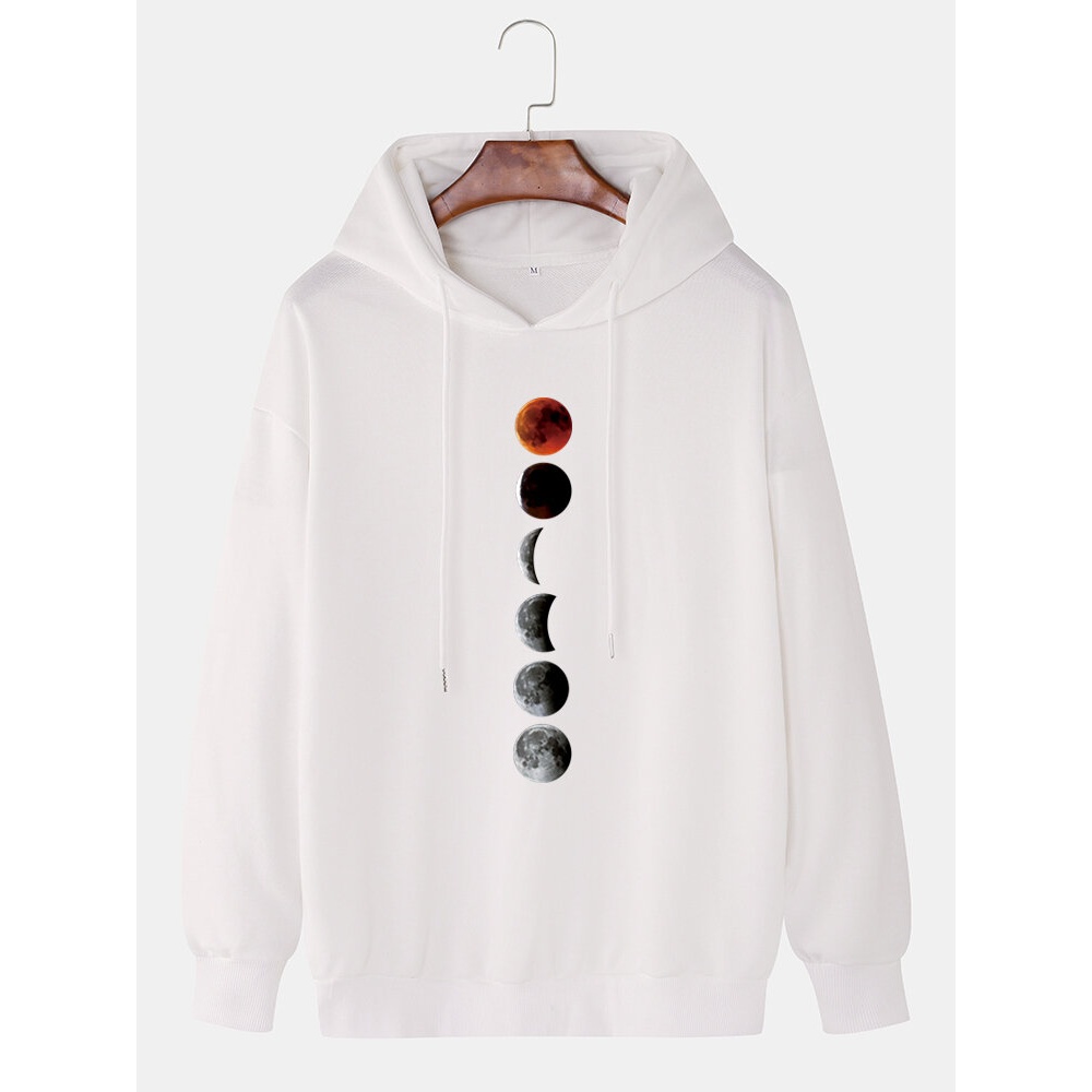 Mens Design Moon Graphics Drop Shoulder Drawstring Hoodies - White M