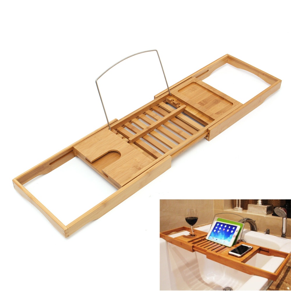 Bathtub Bamboo Holder Bathroom Tray Tablets Shelf Book Reading Rack Stand
