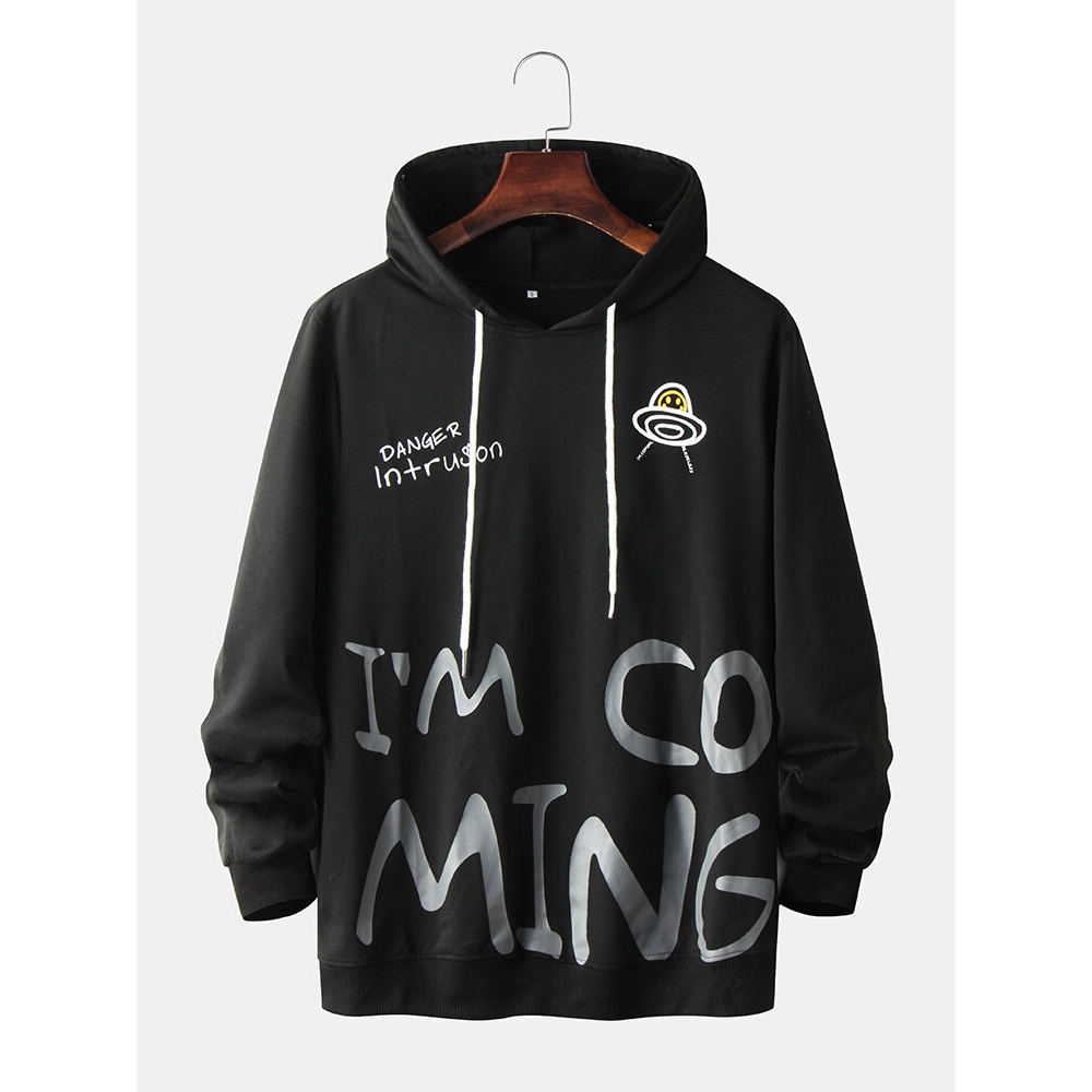 Mens Graffiti Letter Print Long Sleeve Simple Black Hoodies - 2XL Black