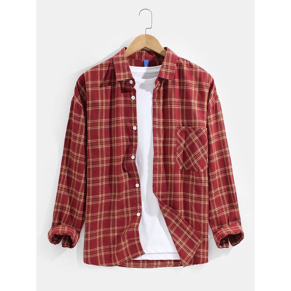 Mens Plaid Button Up Long Sleeve Classic Shirts With Pocket - Red S