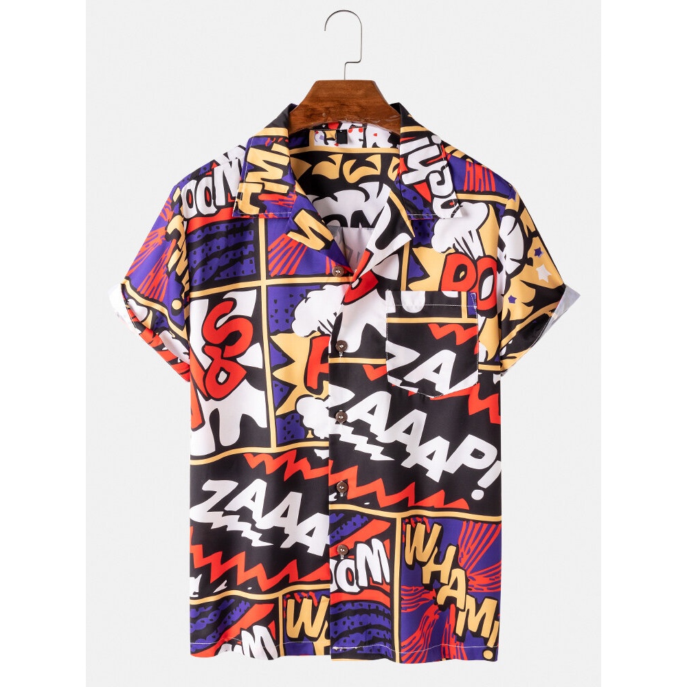 Mens Colorful Letter Print Revere Collar Pocket Short Sleeve Casual Shirts - Colorful L