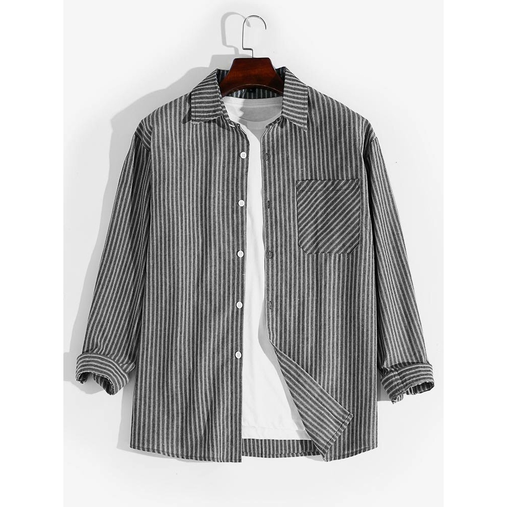 Mens Lapel Striped Button Cuff Shirt With Front Pocket - White XL