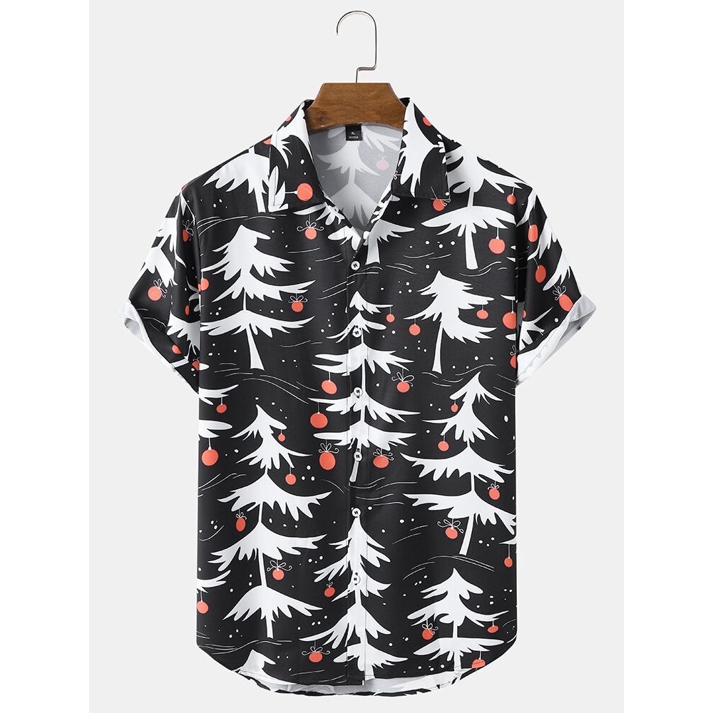 Men  Trees Button Lapel Contrast Short Sleeve Casual Shirts - Black S