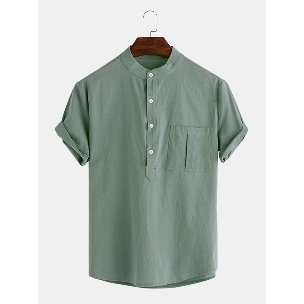 Mens Cotton Solid Color Chest Pocket Cotton Casual Henley Shirts - S Yellow