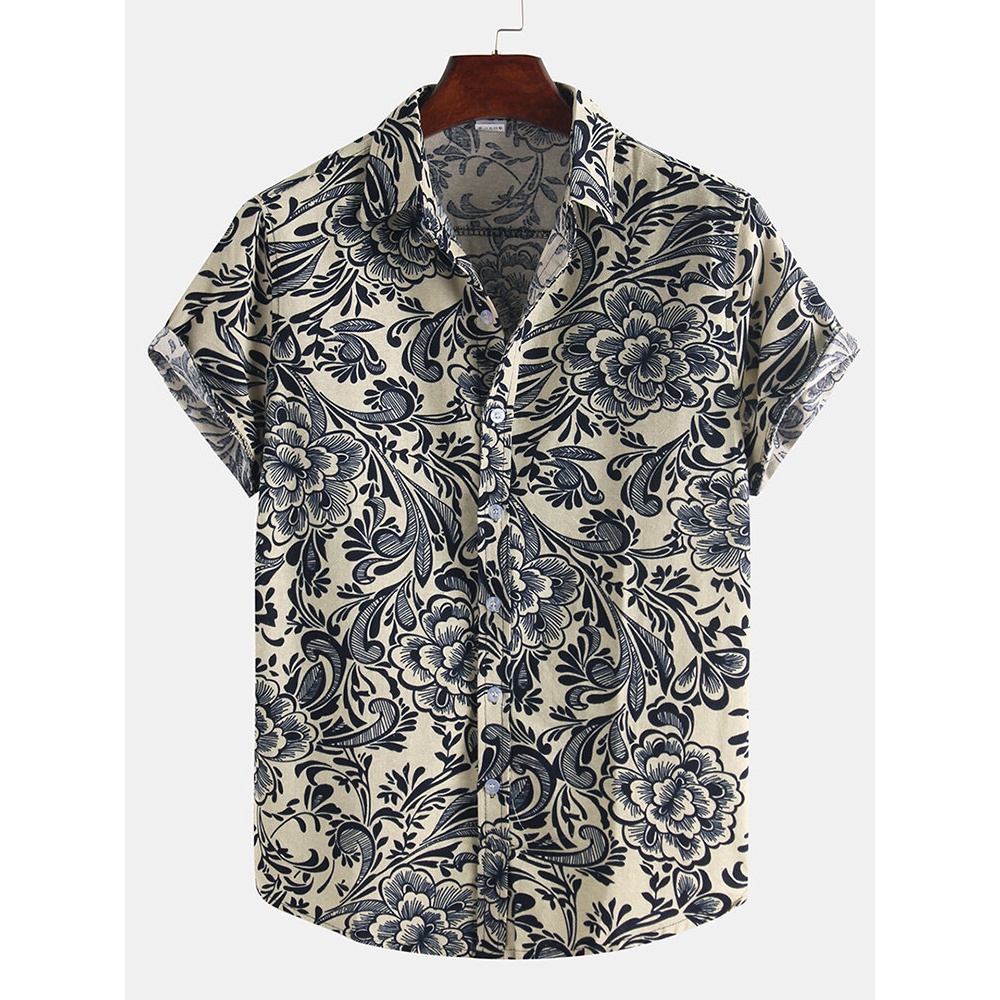 Men Cotton Ethnic Pattern Floral Print Oriental Short Sleeve Shirts - S Beige