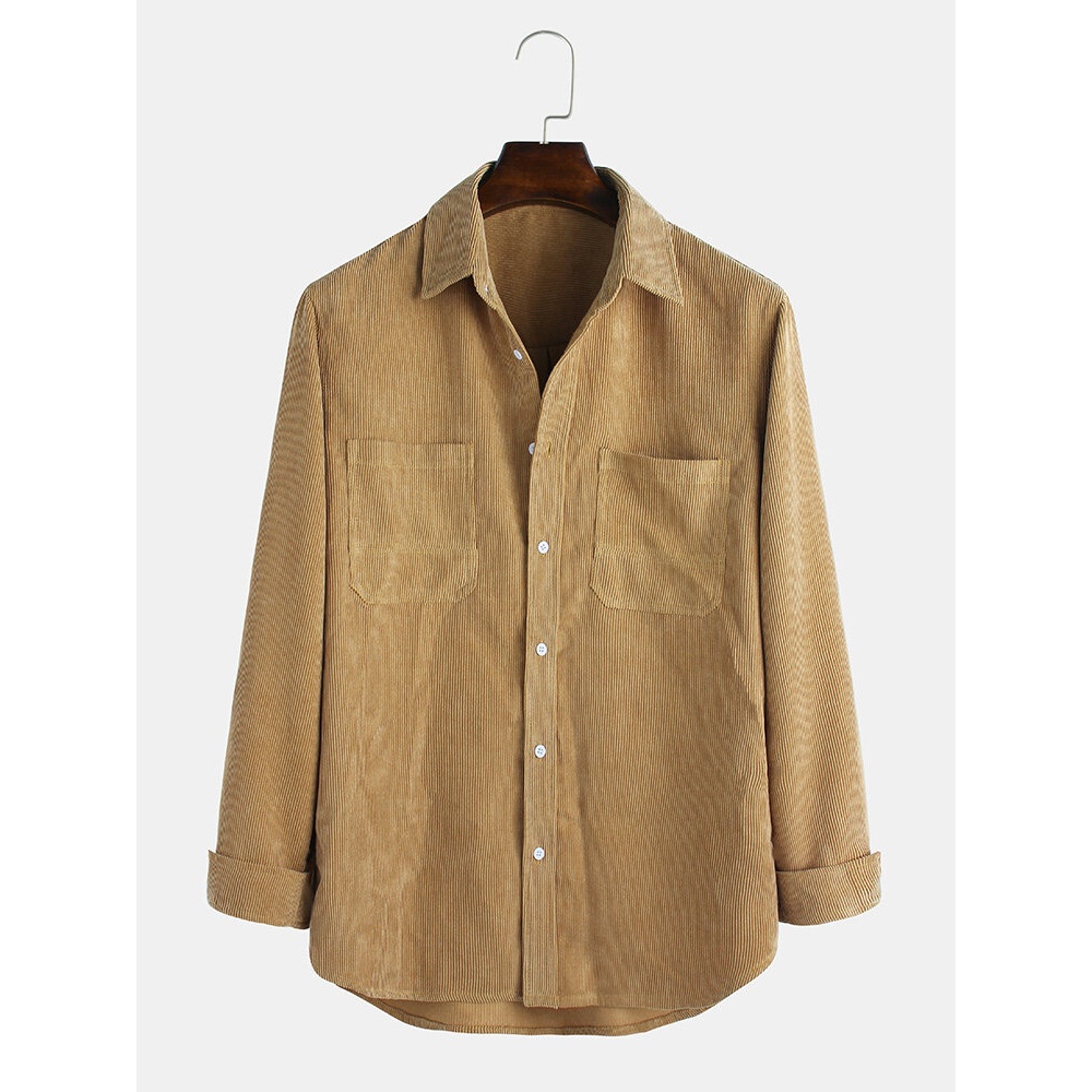 Mens Corduroy Pocket Solid Color Long Sleeve Casual Shirts - M Blue