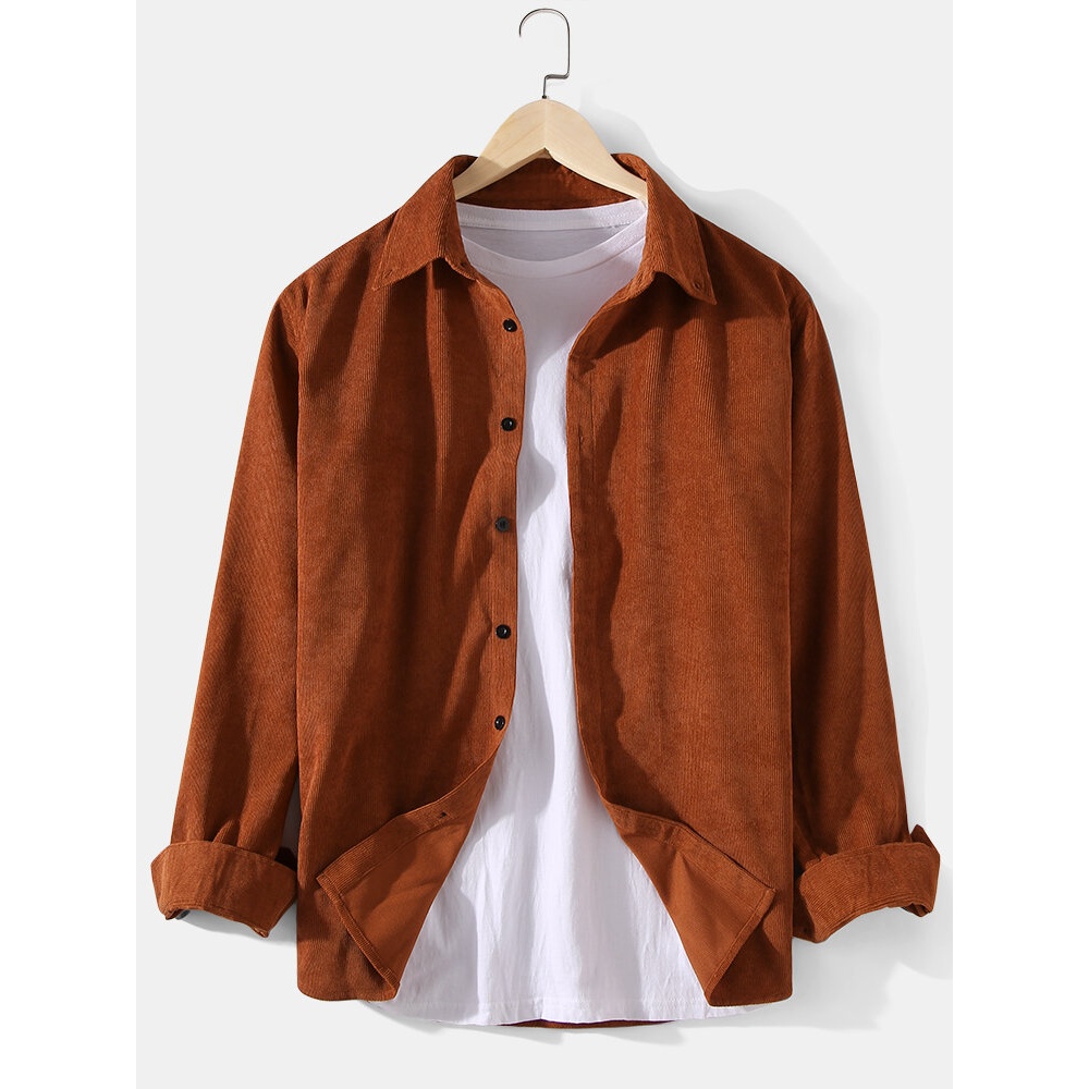 Mens Corduroy Solid Color Lapel Long Sleeve Simple Shirts - Brown S