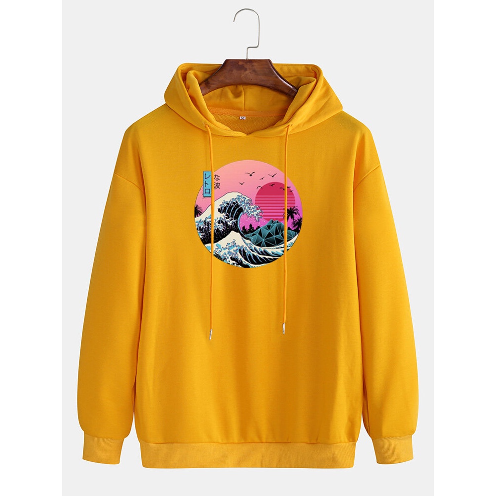 Mens Landscape Print Drop Shoulder Long Sleeve Drawstring Hoodies - Black S