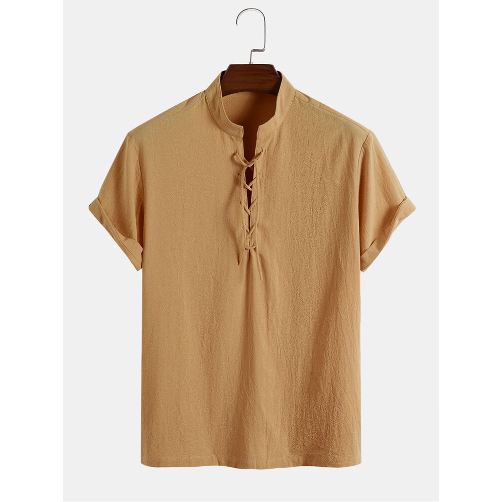 Mens Stand Collar 100% Cotton Casual Shirts - Khaki S