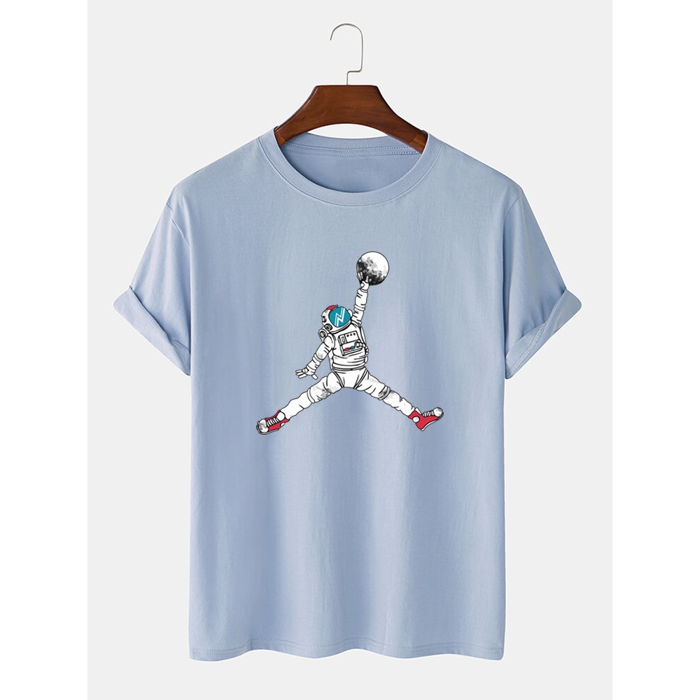 Astronaut Cartoon Print Crew Neck Short Sleeve T-Shirts - Black M