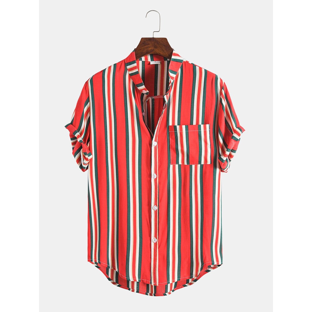 Mens Vertical Stripe Short Sleeve Stand Collar Casual Shirts - Red M
