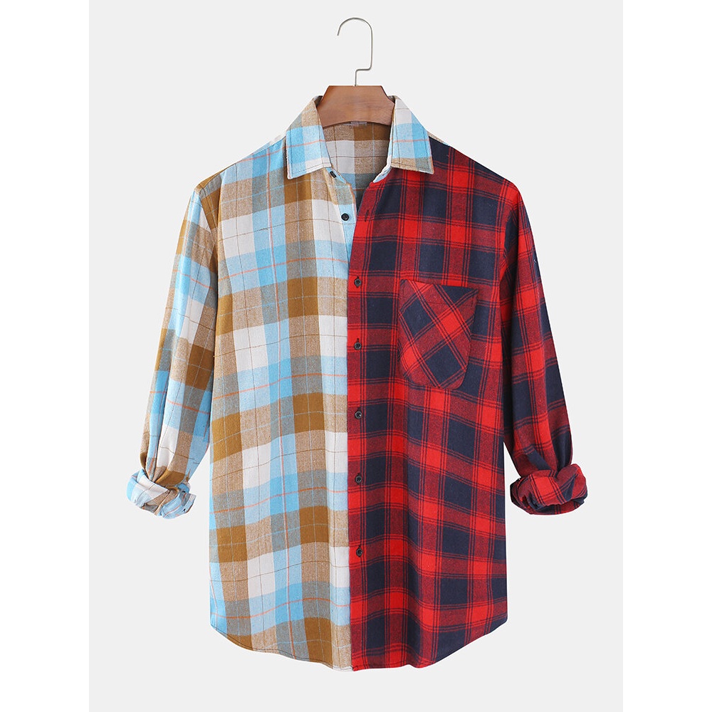 Mens Plaid Patchwork Chest Pocket Button Up Long Sleeve Casual Shirts - Red S