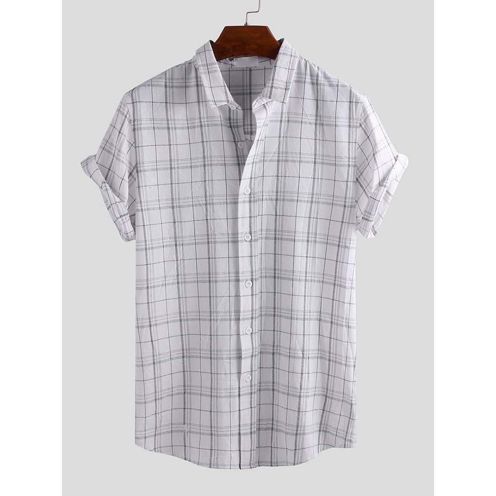 Mens Vintage Checkered Short Sleeve Button up Plaid Shirts - XL White
