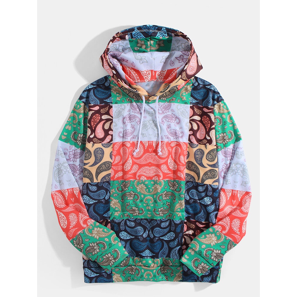 Mens Paisley Print Color Block Long Sleeve Ethnic Style Hoodies With Kangaroo Pocket - Red L