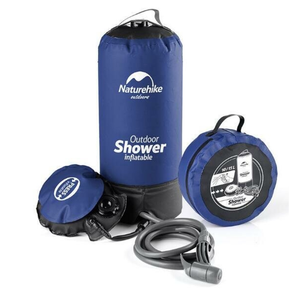 Naturehike 11L Camping Shower Bag Portable 200cm Water Pipes Hot Water Bag with Foot Pump Outdoor Travel Hiking Car Wash - Black & Blue