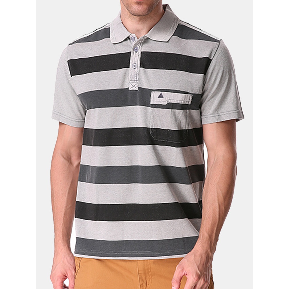 Men's Striped Printed Soft Cotton T-shirts Casual Turn-down Collar Golf Shirt - XL Black