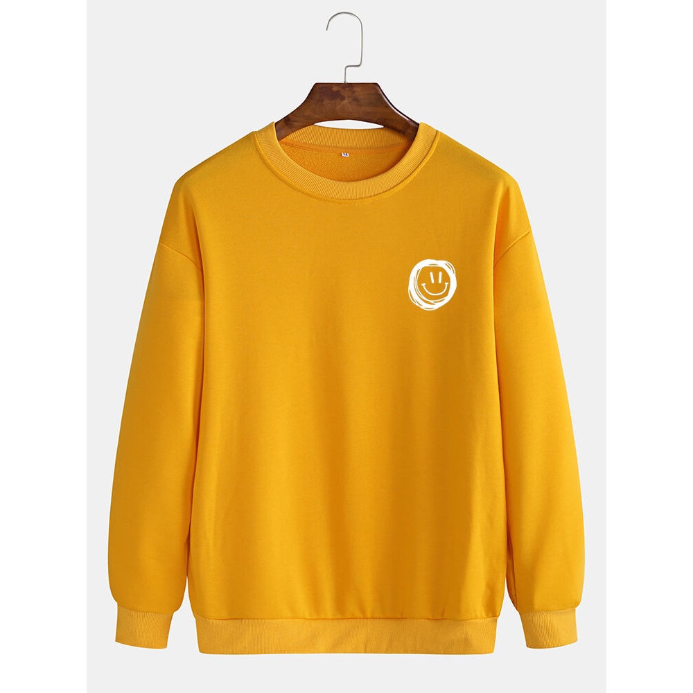 Cotton Mens Simple Smile Print Drop Shoulders Pullover Long Sleeve Casual Sweatshirts - Black M