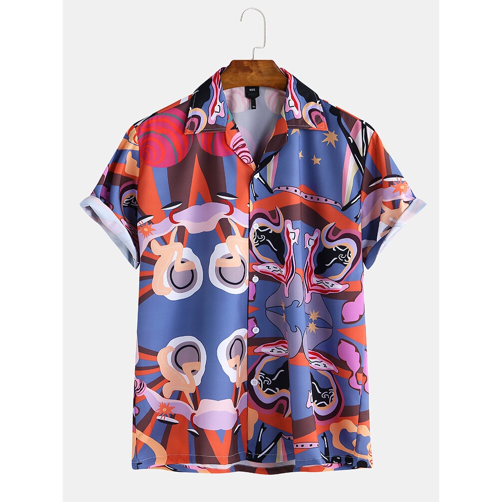 Mens New Fashion National Style Short Sleeve Shirts - L Red