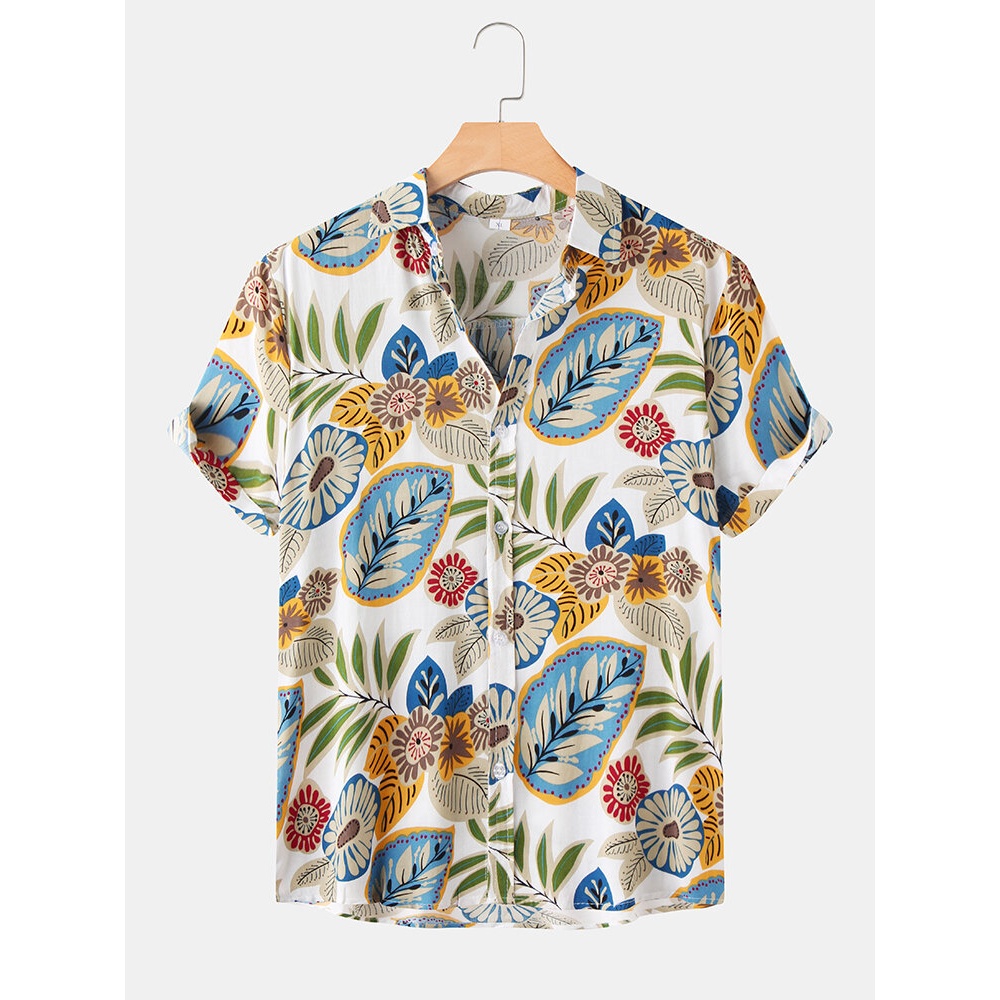 Mens Mixcolor Cartoon Leaf Print Short Sleeve Casual Holiday Shirts - Blue S