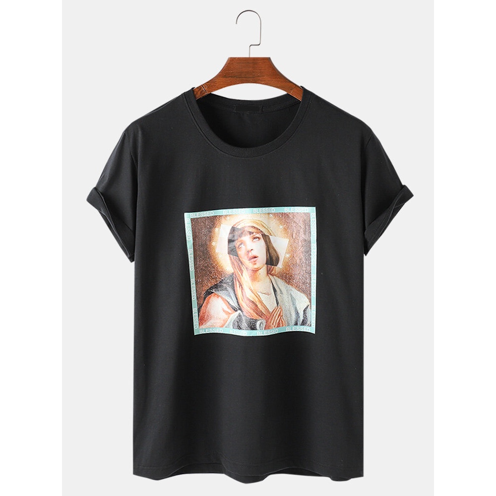 Funny Figure Print Short Sleeve Loose Cotton T-Shirts - Grey L