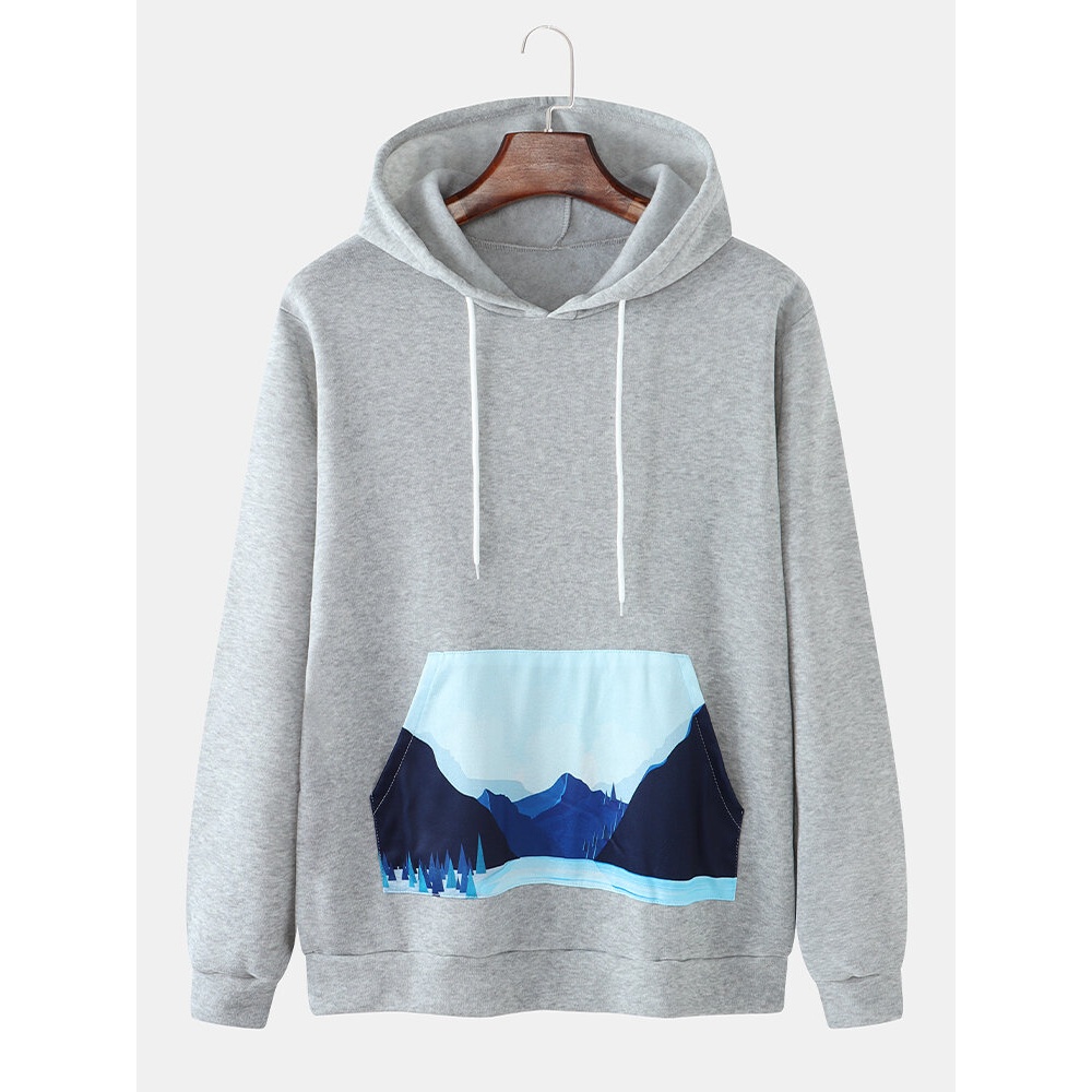 Mens Landscape Print Pocket Long Sleeve Simple Hoodies - Grey M