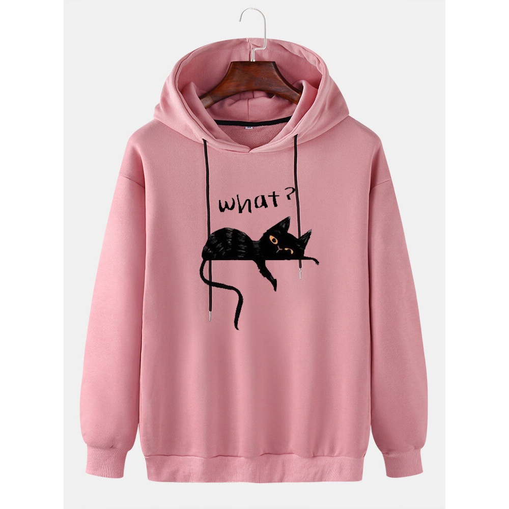 Mens Cute Cat Letter Print Drop Shoulder Casual Drawstring Hoodies - White M