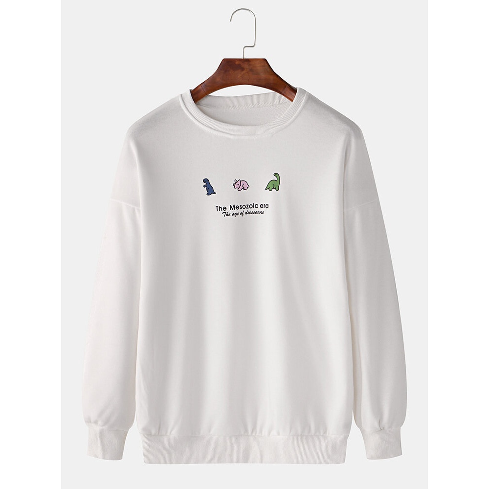 Mens Cartoon Dinosaur & Letter Print Pulllover Long Sleeve Sweatshirts - Light Blue 3XL